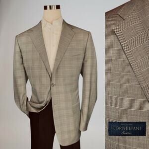 Corneliani Italy 46L Beige Gray Brown Glen Plaid Designer Blazer Long Arms Note